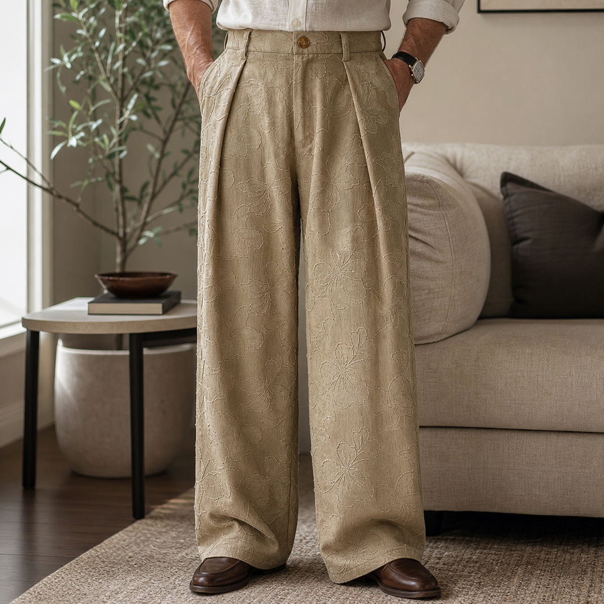 Men's Embossed Floral Wide-Leg Casual Pants