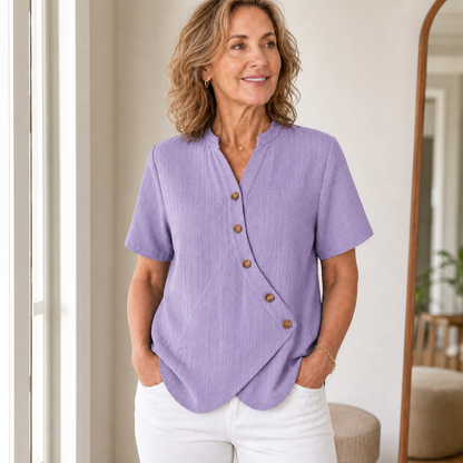 Women's Short Sleeve Asymmetrical Button Blouse