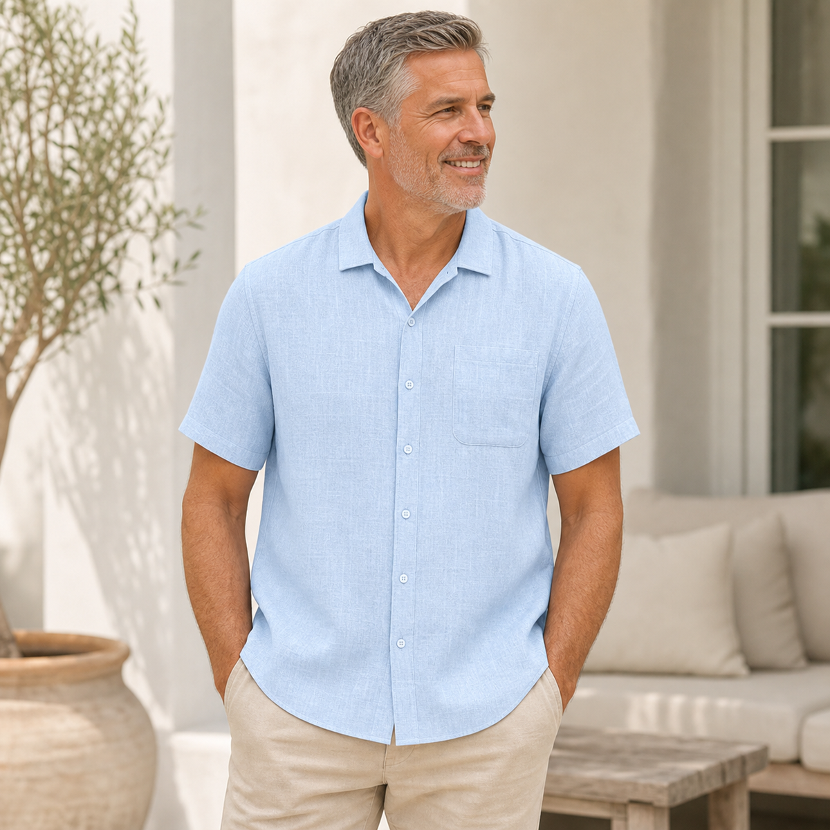 Men's Short Sleeve Linen-Look Button-Up Shirt