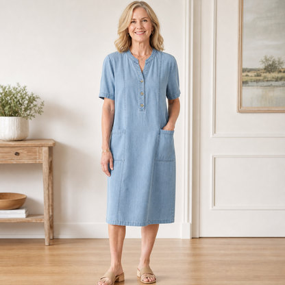 Women's Short Sleeve Denim Henley Pocket Dress