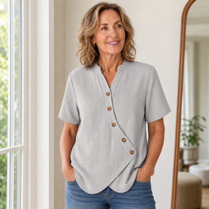 Women's Short Sleeve Asymmetrical Button Blouse
