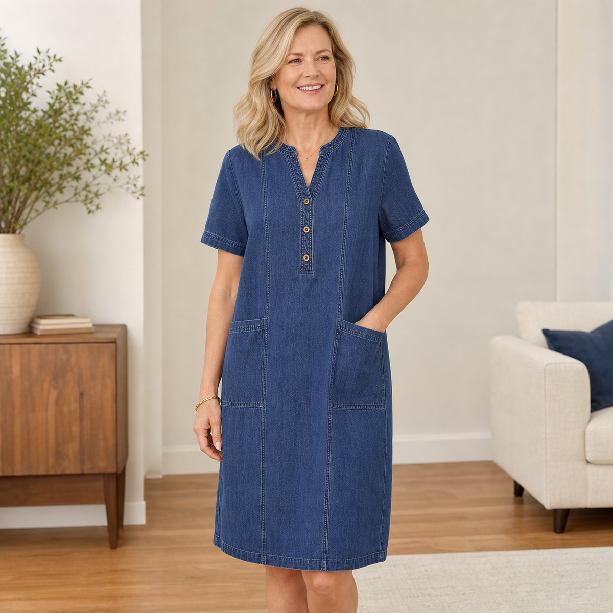 Women's Short Sleeve Denim Henley Pocket Dress