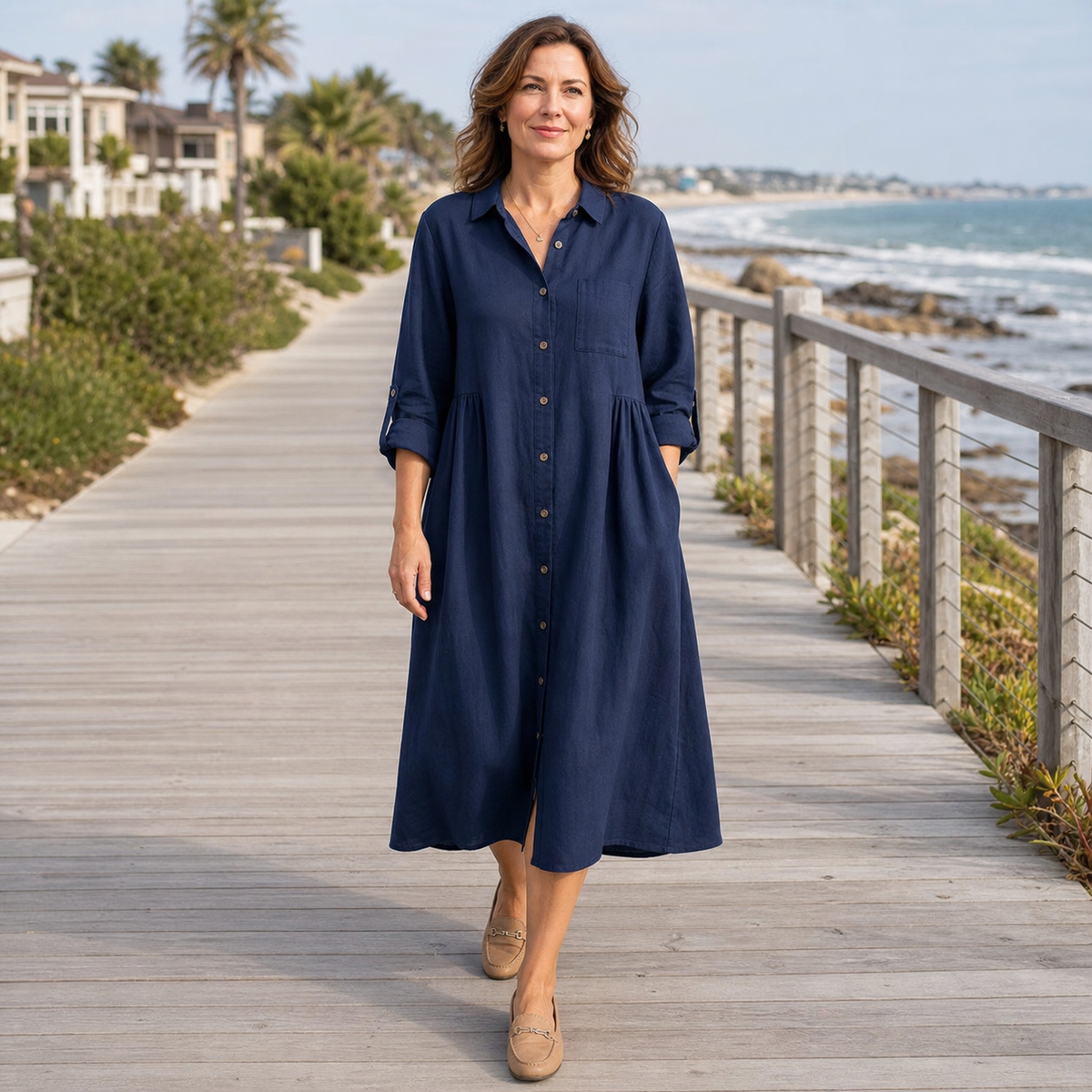 Women's Relaxed Button-Front Midi Shirt Dress