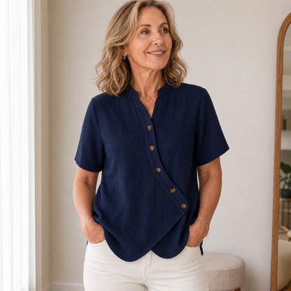 Women's Short Sleeve Asymmetrical Button Blouse