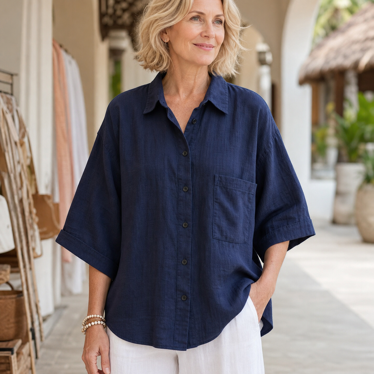 Women's Relaxed Button-Front Three-Quarter Sleeve Shirt Blouse