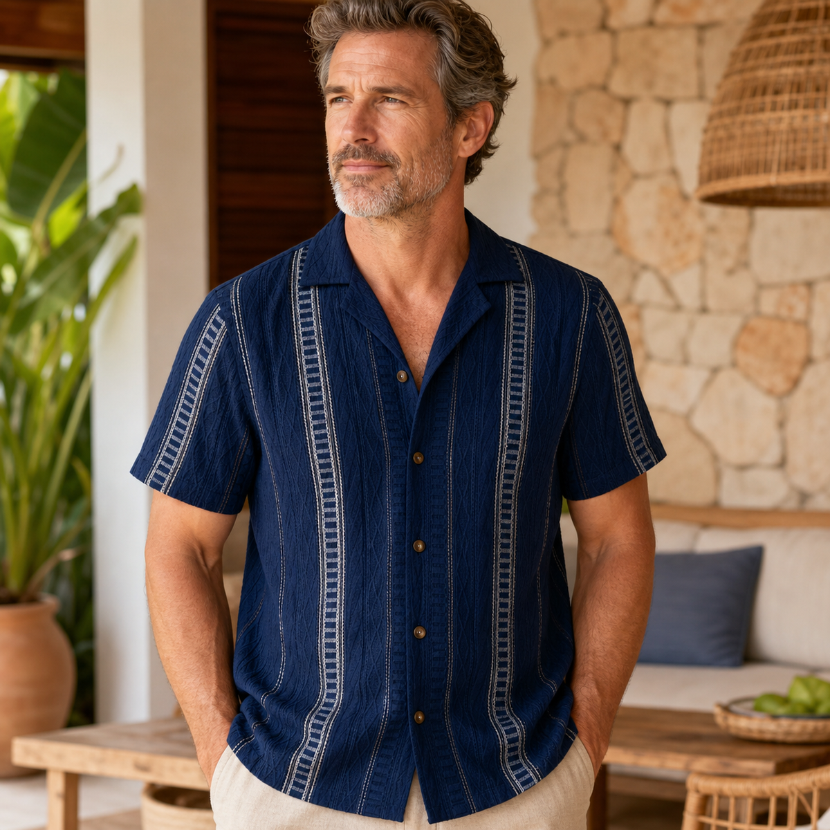 Men's Textured Short Sleeve Button-Up Shirt