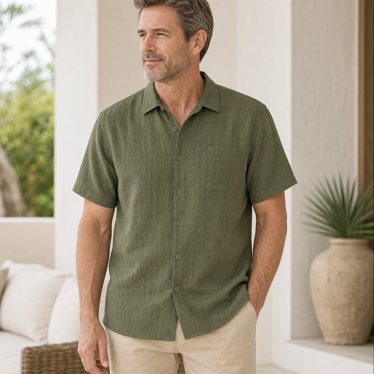 Men's Short Sleeve Linen-Look Button-Up Shirt