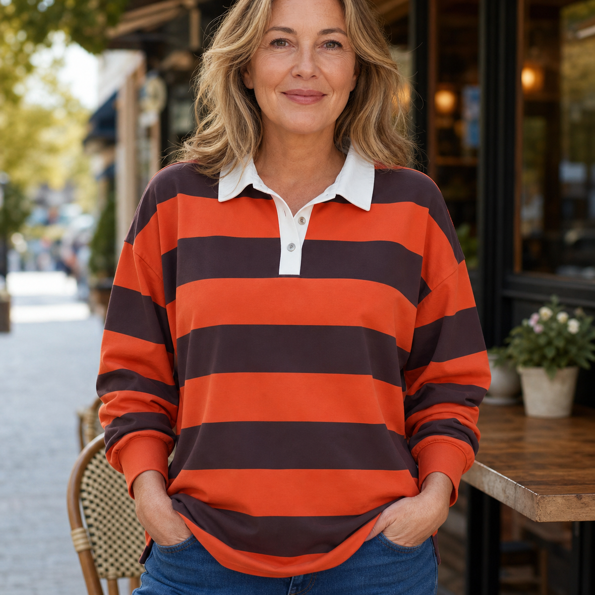 Women's Relaxed Striped Rugby Polo Long Sleeve Top
