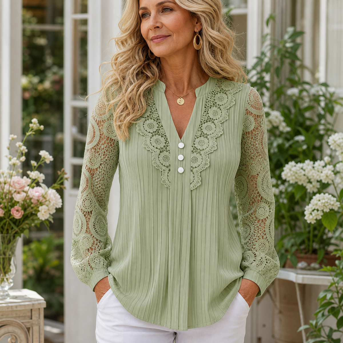 Women's Pleated Lace V-Neck Long Sleeve Blouse