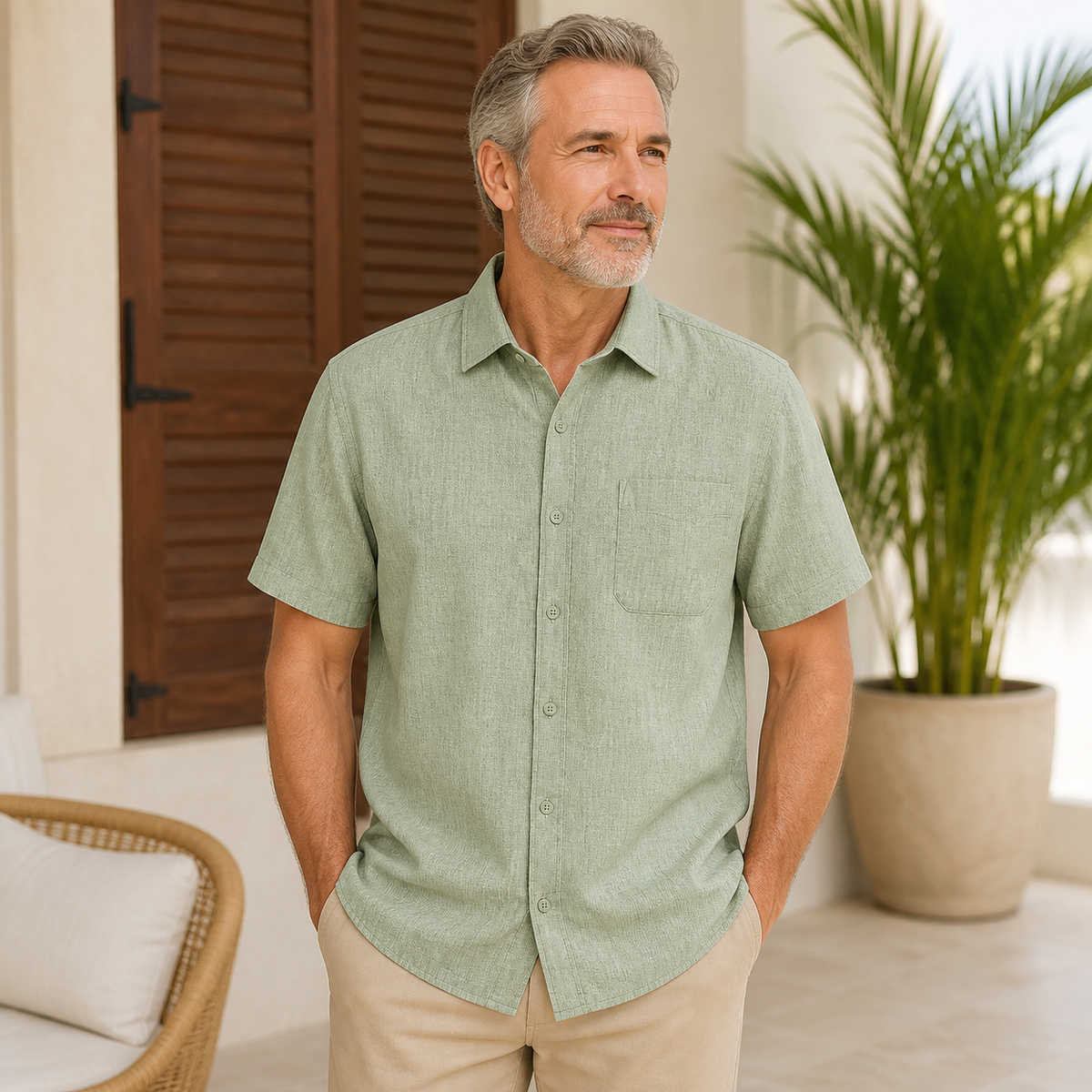 Men's Short Sleeve Linen-Look Button-Up Shirt