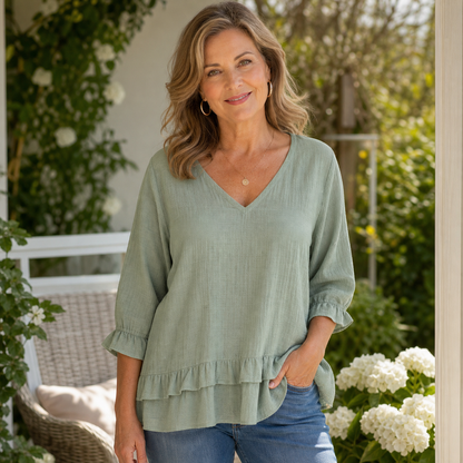 Women's Relaxed V-Neck Three-Quarter Sleeve Blouse