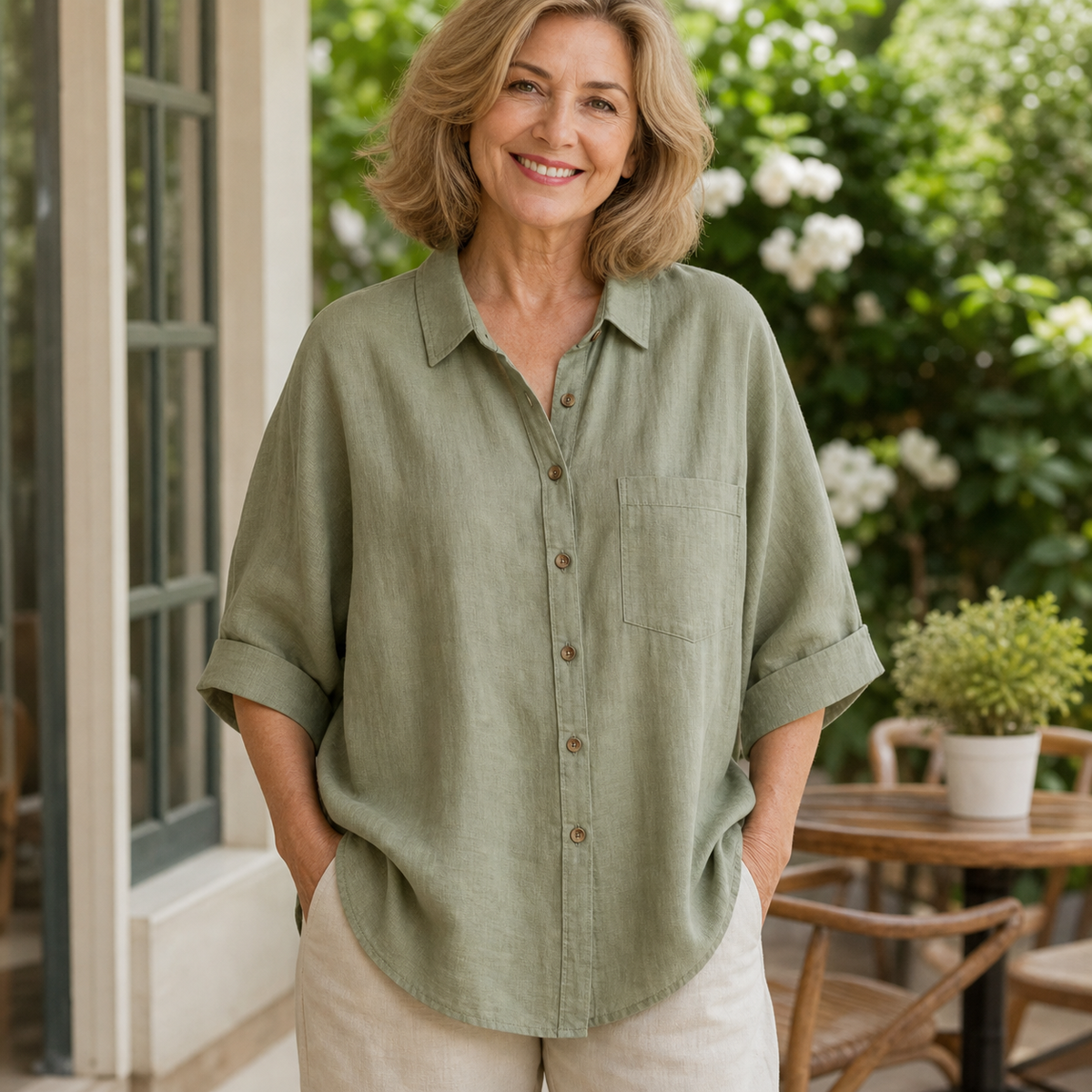 Women's Relaxed Button-Front Three-Quarter Sleeve Shirt Blouse