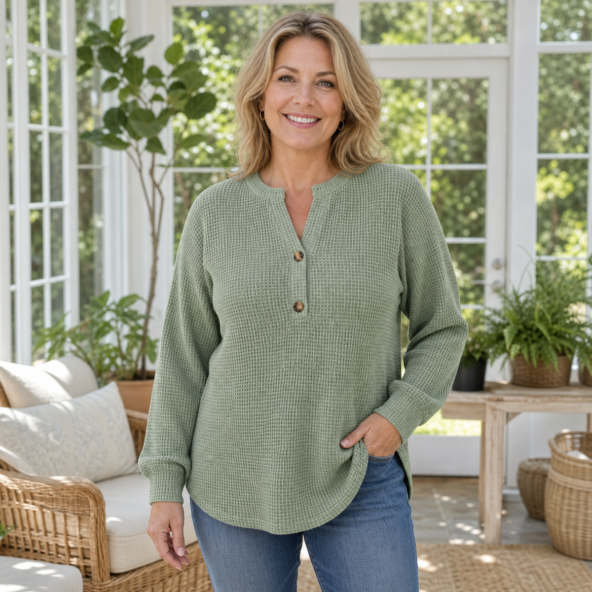 Women's Waffle Knit Long Sleeve Henley Top