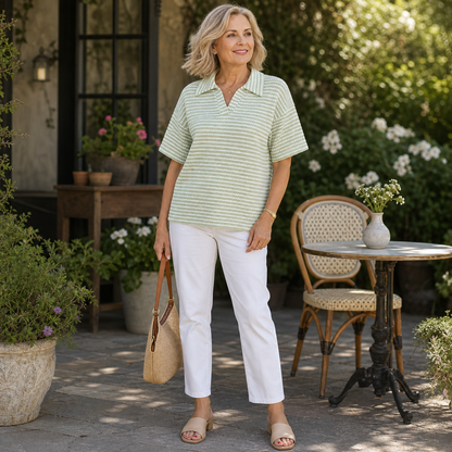 Women's Textured Striped Collared Short Sleeve Top