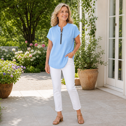 Women's Pleated Zip-Neck Short Sleeve Top
