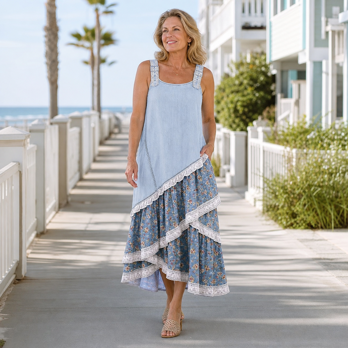 Women's Sleeveless Boho Patchwork Midi Dress