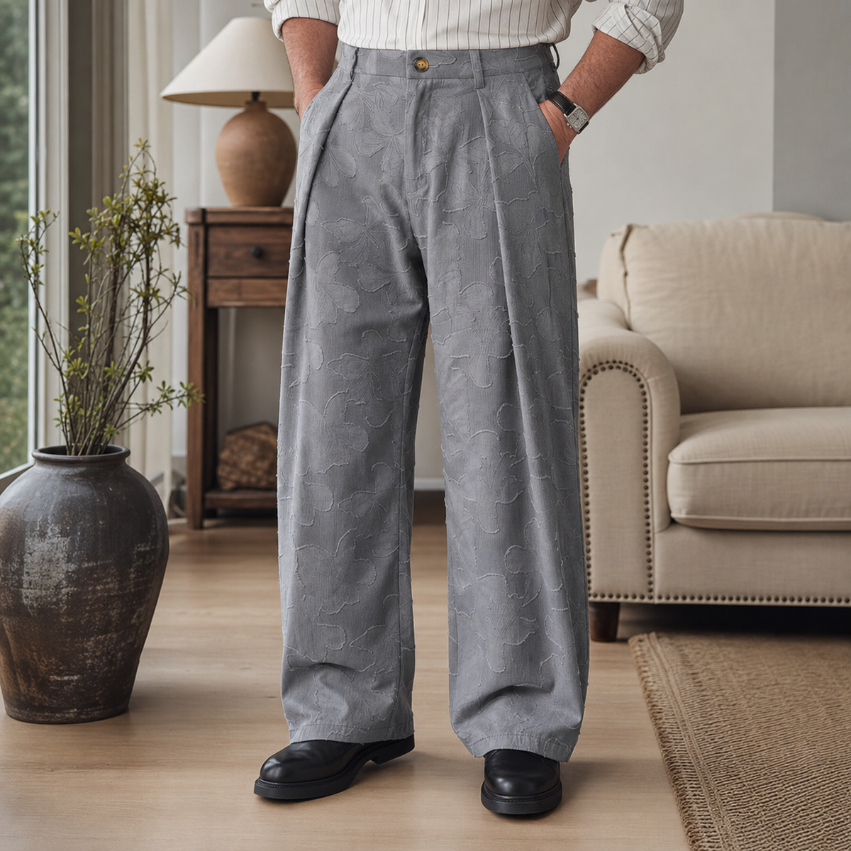 Men's Embossed Floral Wide-Leg Casual Pants