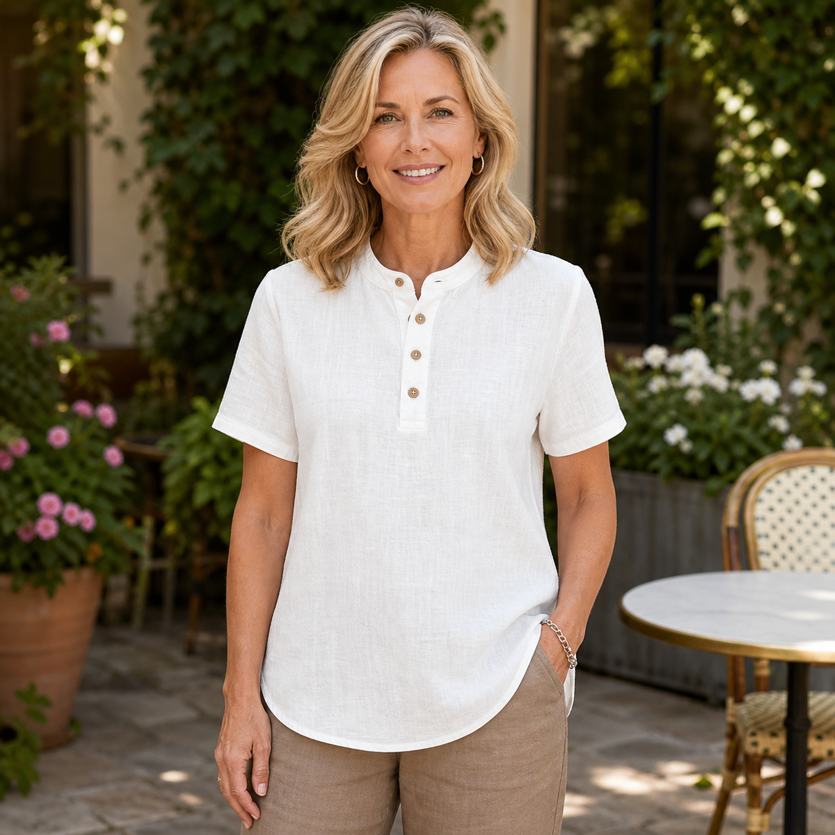 Women's Linen-Blend Short Sleeve Henley Top