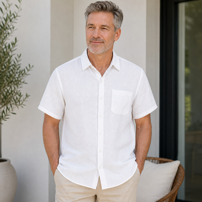 Men's Short Sleeve Linen-Look Button-Up Shirt