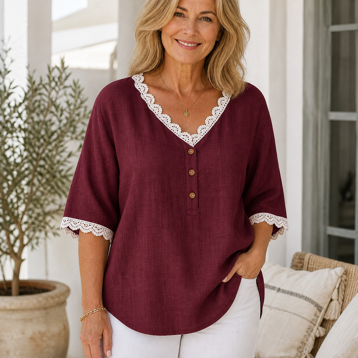 Women's Lace Trim V-Neck Button Short Sleeve Blouse