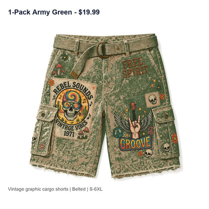CLEARANCE SALE - Men's Vintage Graphic Cargo Shorts - 14 Colors & Bundle Deals