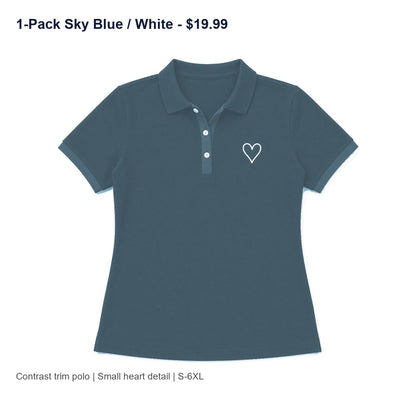 CLEARANCE SALE - Women's Contrast Trim Heart Polo Shirt - 14 Colors & Bundle Deals